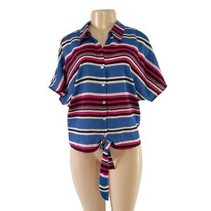 Daniel Rainn Multicolor Stripe Collared Button Front Tie Waist Cold Shoulder Top